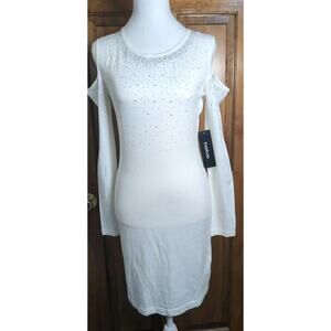 BEBE Cold Shoulder Dress Bodycon Elegant Sexy Silver Studs Women's L(1061)